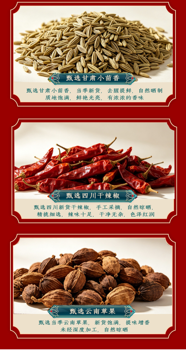 Chinese Spice Set with Star Anise Cassia Bay Leaf Fennel Sichuan Pepper Bai Zhi and Cao Guo 90g Dried Culinary Herbs in use