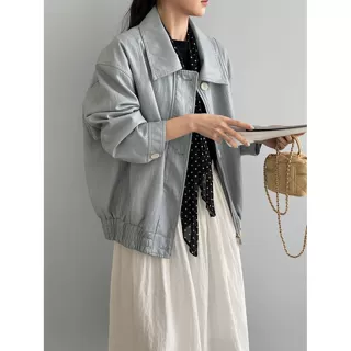 那末 韩系复古软皮翻领黑色皮衣女设计感宽松休闲夹克外套6192