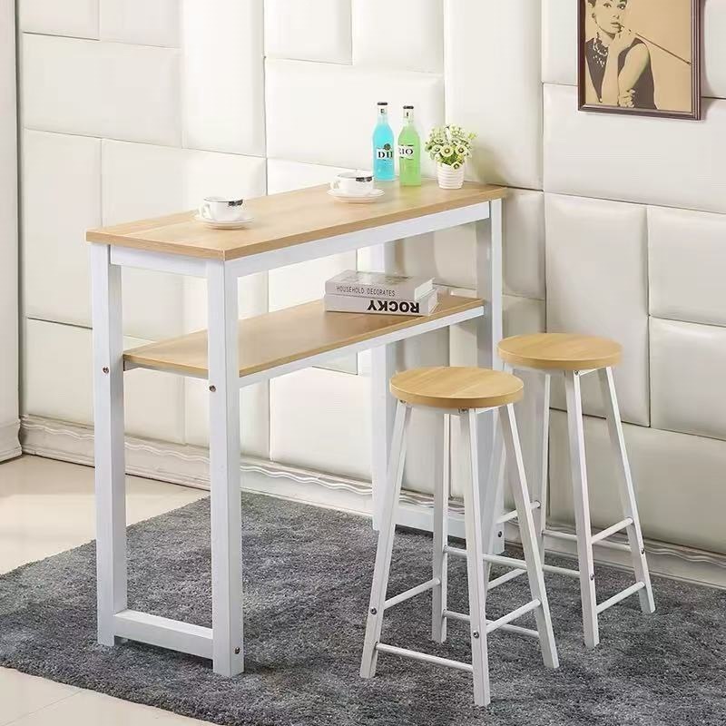 Solid wood bar table against the wall for home use on the balcony, simple long table, breakfast table, commercial high-foot table for milk tea shops, double-layer table