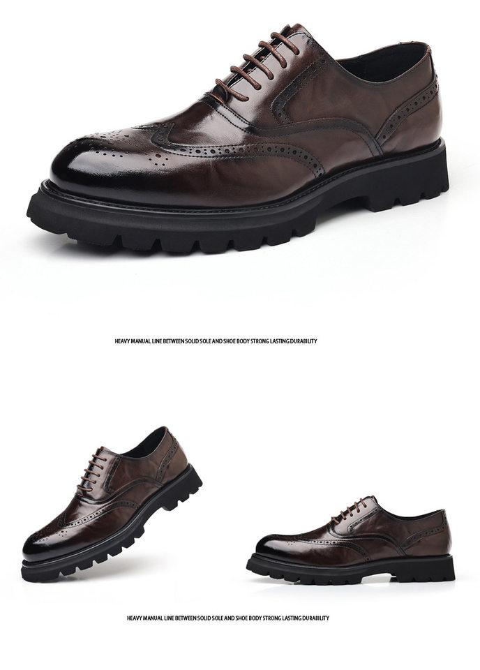 Giày da nam công sở kiểu brogue khắc hoa văn, da bò lớp đầu, đế cao su xốp nhẹ, dây buộc — Màu nâu, màu đen chi tiết 20