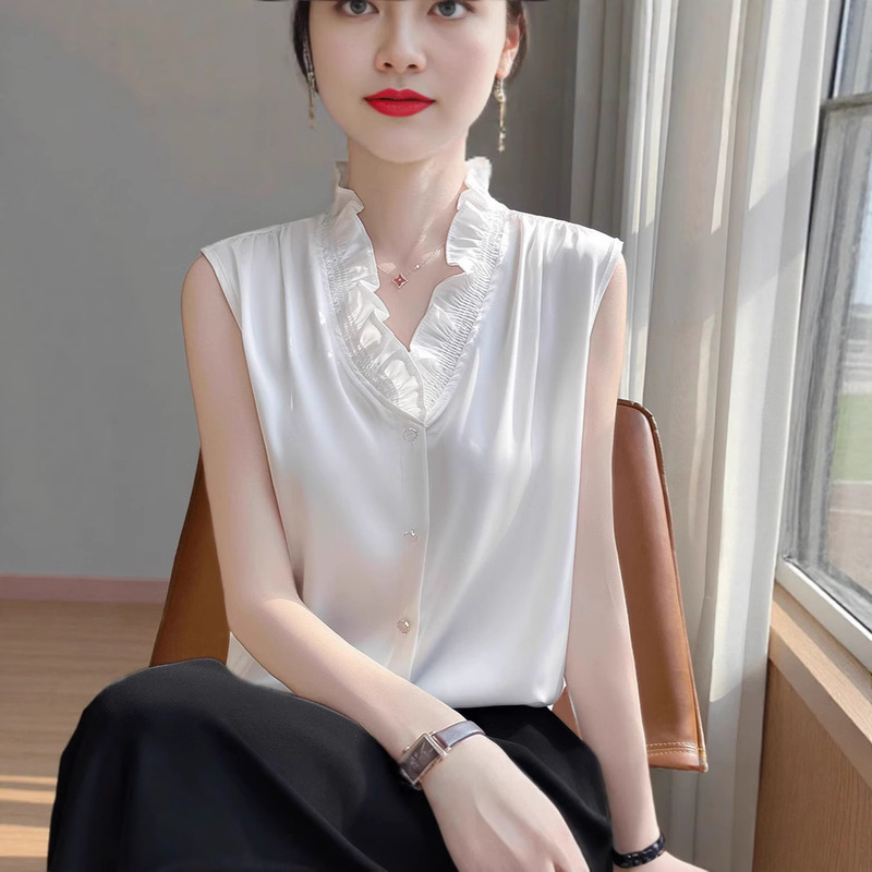 春夏新潮仿真丝百搭荷叶领无袖衬衫女显瘦职业西装内搭打底上衣|undefined