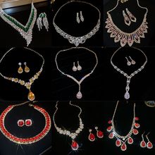 爆闪镶钻水滴流苏吊坠耳环项链套装欧美跨境新娘晚宴礼服首饰配饰