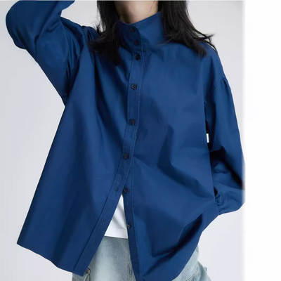 Klein Blue Cotton Retro Shirt Skin-Friendly Collar Shirt Coat Women