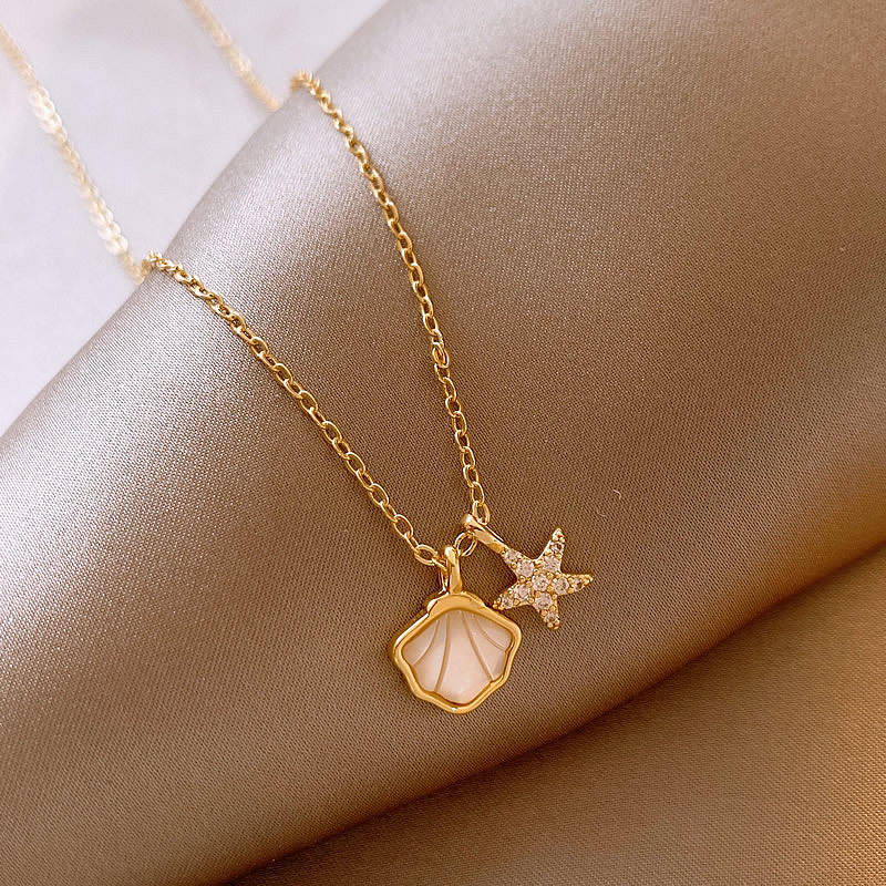 Copper Sweet Inlaid Shell Star Shell Pendant Necklace display picture 4