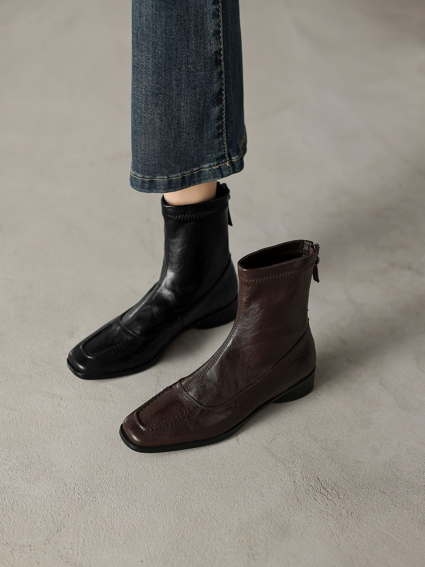 CHOKO CHIKO Chole Square Toe Block Heels Ankle Boots