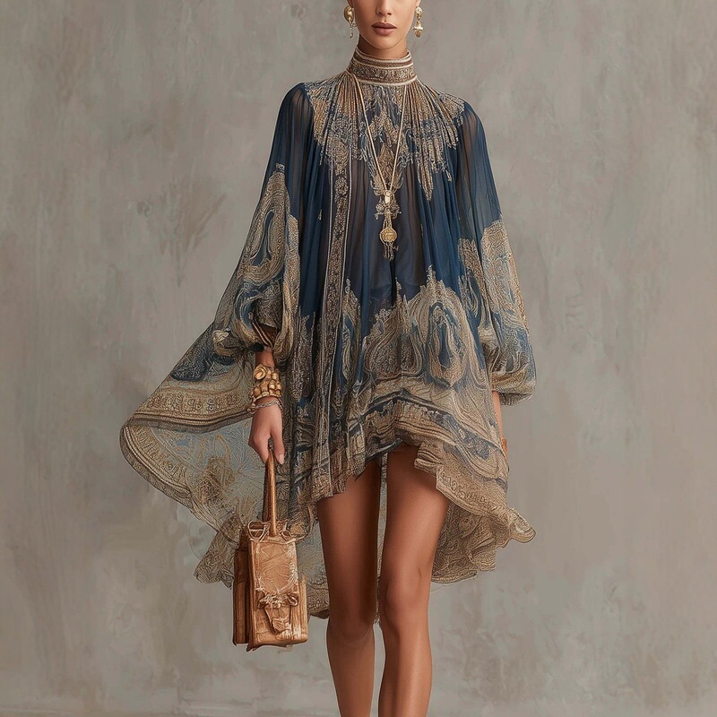 226 New European and American Style High-Neck Printed Chiffon Dress Loose Holiday Style Shawl Long-Sleeved Women's Dress 226 New European and American Style High-Neck Printed Chiffon Dress Loose Holiday Style Shawl Long-Sleeved Women's Dress