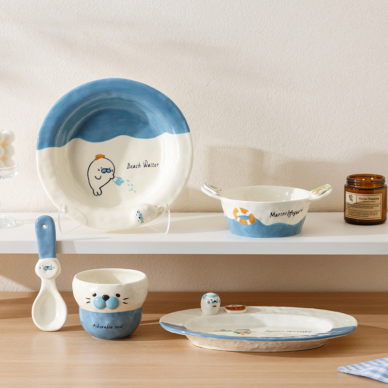 ins Blue Sea 3D Little Seal Ceramic Dinnerware 5-Piece Set with Double-Handle Soup Bowl, Oval Fish Plate, and Salad Bowl for Home Use ins Blue Sea 3D Little Seal Ceramic Dinnerware 5-Piece Set with Double-Handle Soup Bowl, Oval Fish Plate, and Salad Bowl for Home Use