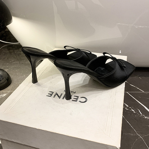 High Heel Slip-On Sandals for Women 2025 Summer Square Toe Plus Size One-Strap High-End Outerwear Thin Heel Butterfly Knot
