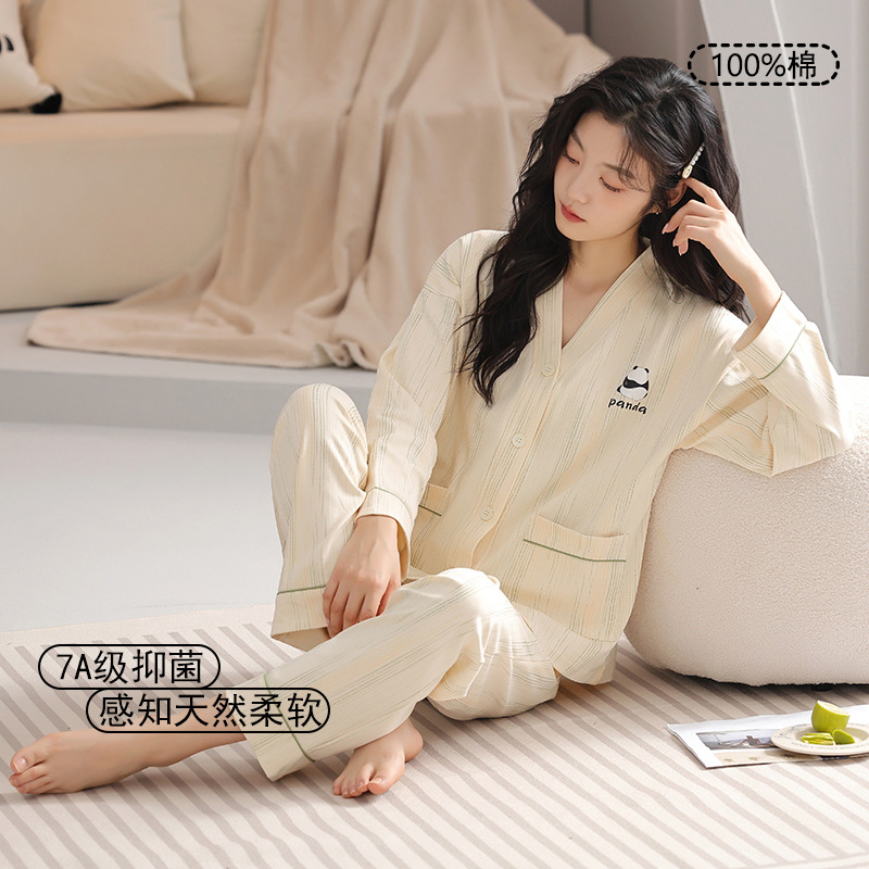 Class a Antibacterial 100% Cotton Pajamas for Women Autumn and Winter Long-Sleeved Cardigan Cartoon Can Be Worn Outside Cotton Home Clothes for Women