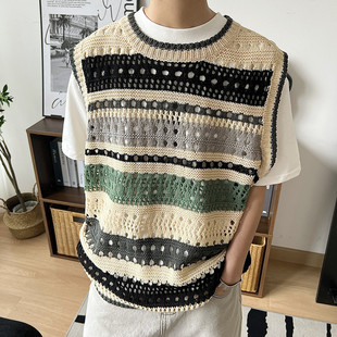 American Style Retro Contrast Striped Vest Ins Couple 2023 Summer Hollow Knitted Waistcoat Sleeveless T-shirt Trendy