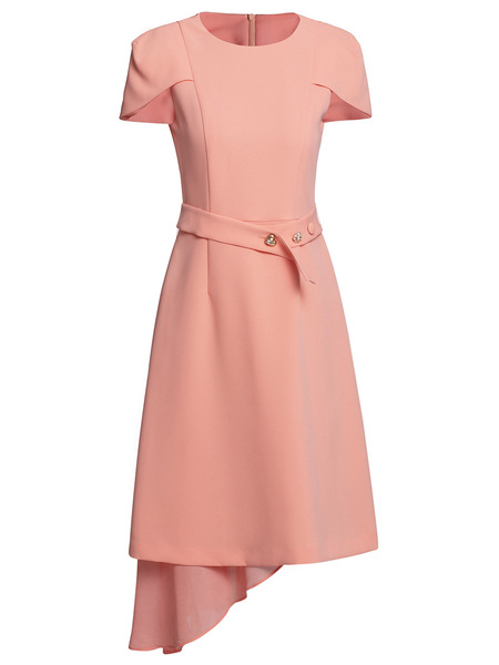 Zhili High end Pink Dress 2024 New Belt Waist Panel Short Sleeve Irregular Mid length Dress Summer Style