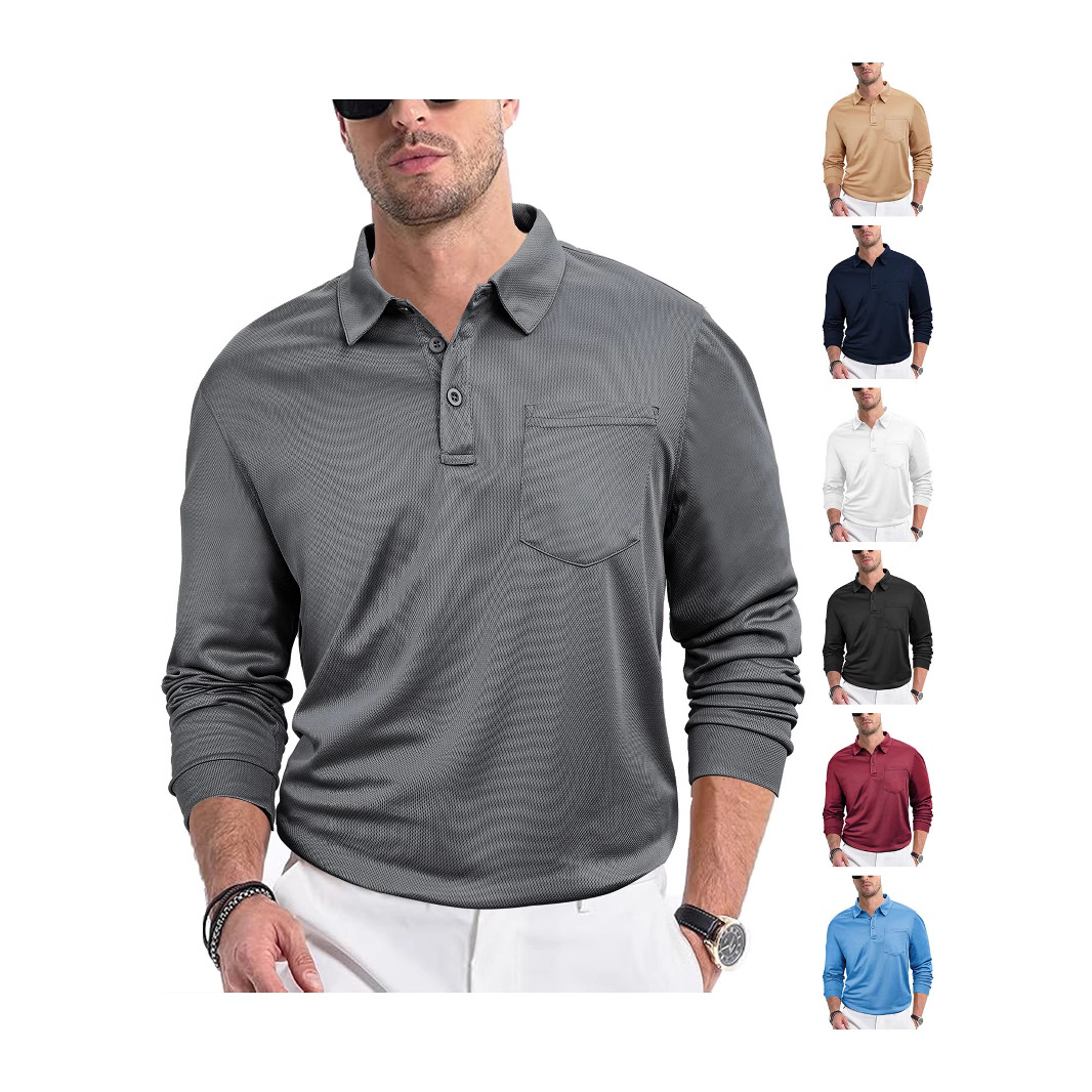 Transfronterizo Europa y América ropa de hombre casual botones sueltos collar de tela de malla de manga larga de color sólido camisa polo de hombre