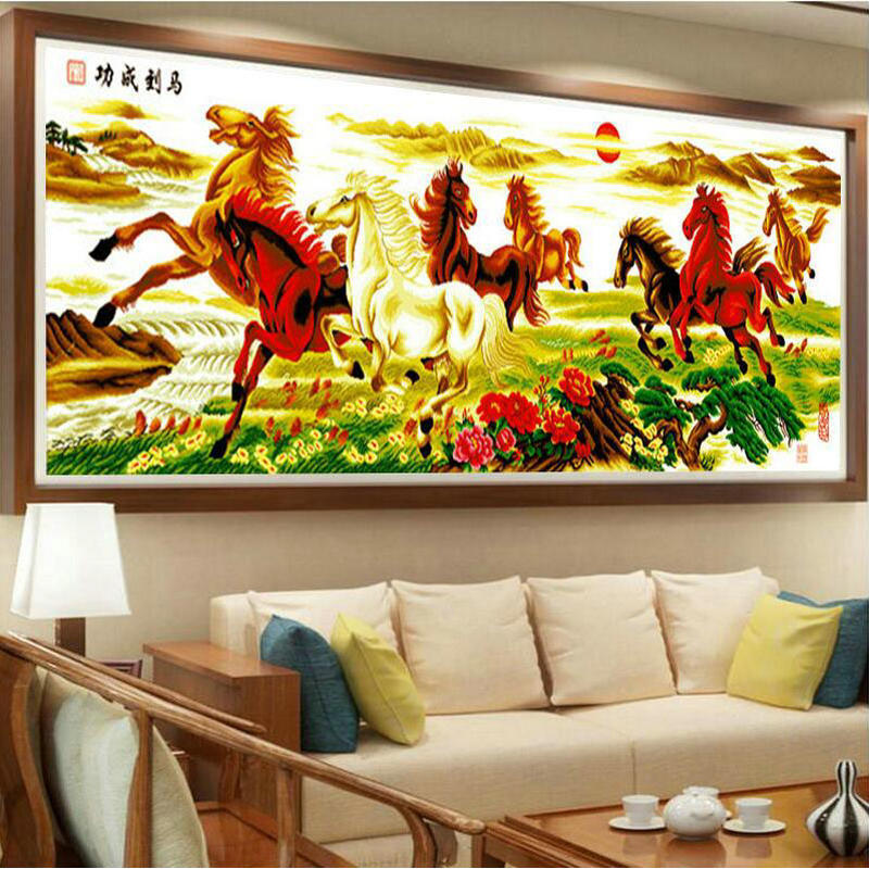 马到成功十字绣中国风八骏图八匹马2024新款客厅风景画印花十字绣