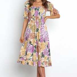 wish速卖通欧美跨境2022年春夏季新款热卖短袖印花方领收腰连衣裙