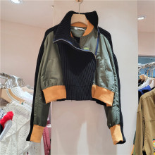 欧洲站2023年新款假两件侧拉链短外套高领毛衣百搭拼接夹克上衣