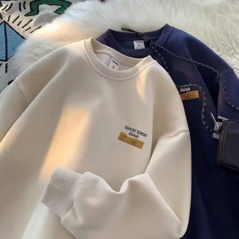 2024美式痞帅复古重磅圆领卫衣男秋冬加绒宽松潮牌帅气上衣