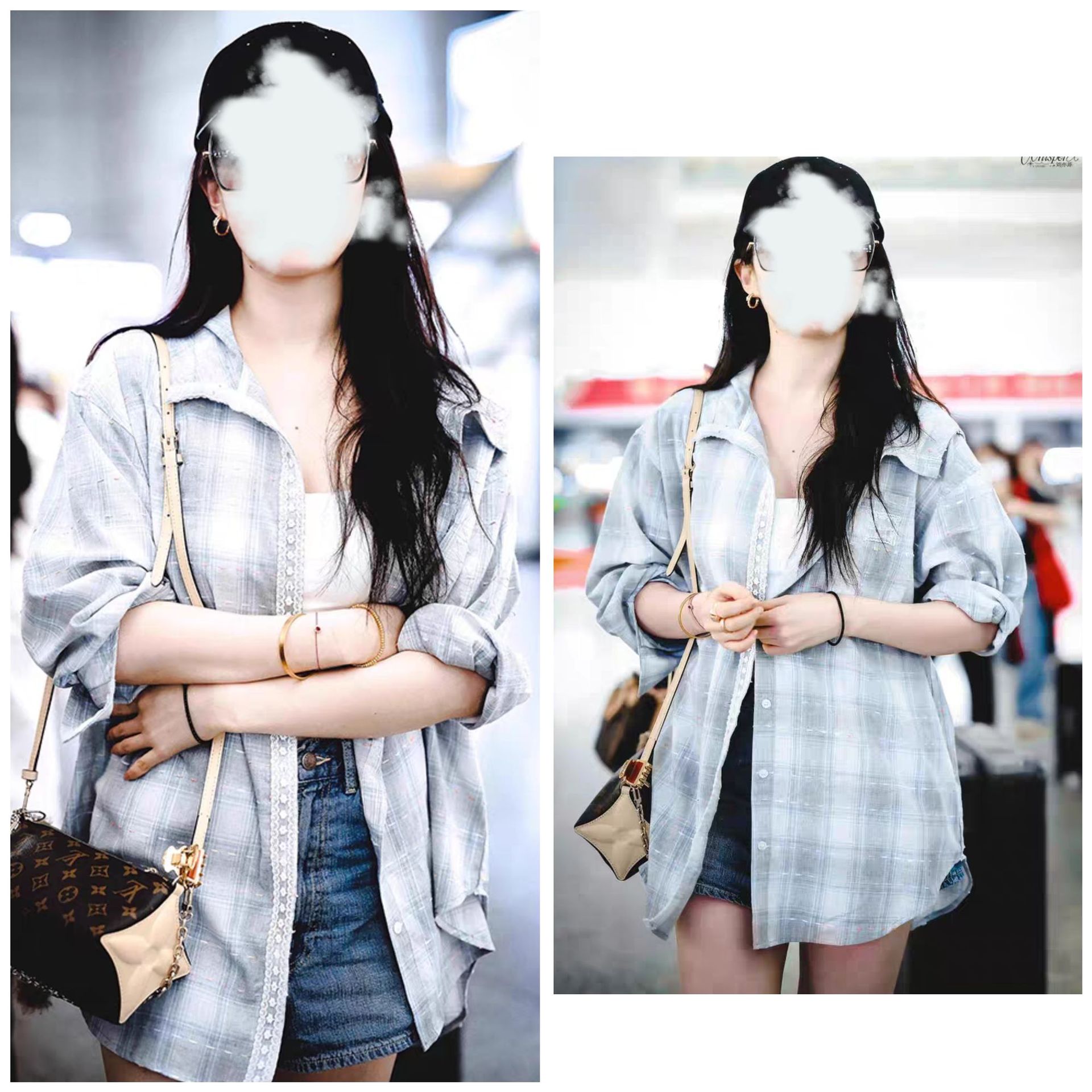 LIU YIFEI QIN LAN 같은 스타일 레이스 후드 그레이 격자 무늬 셔츠 여성의 여름 새로운 느슨한 얇은 셔츠