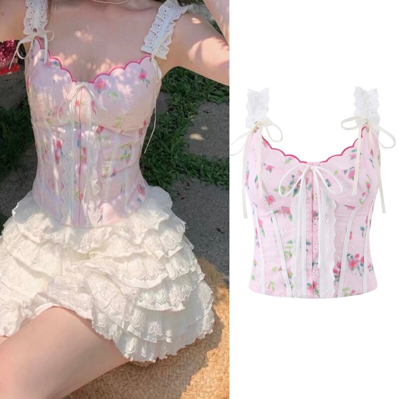 Summer New Style Fresh and Pure Holiday-Style Lace Embroidered Printed Sweet Bowknot Very Beautiful Halter Top Summer New Style Fresh and Pure Holiday-Style Lace Embroidered Printed Sweet Bowknot Very Beautiful Halter Top