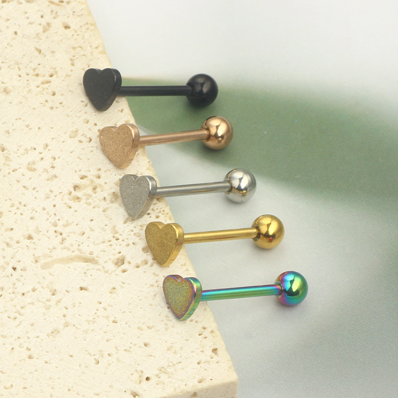 Amazon Hot Sale Stainless Steel Frosted Tongue Nail Puncture Jewelry Twist Ball Heart-Shaped Love Tongue Ring detail image 7