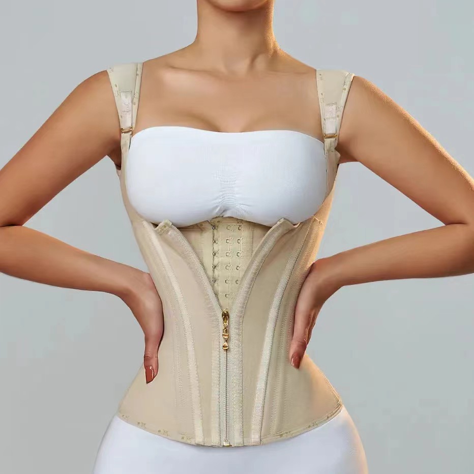 欧美新品15钢骨乳胶塑身衣收腰收腹托胸吊带拉链背心紧身胸衣TK款
