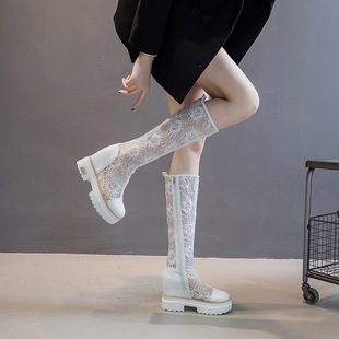 White Embroidered Mesh Boots 2025 Spring and Summer New Style Inner Heightening Thin Over-The-Knee Boots Mesh Breathable Versatile Women