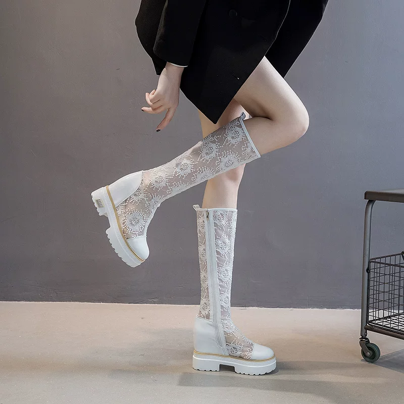 White summer thin mesh breathable universal high boots, with embroidery