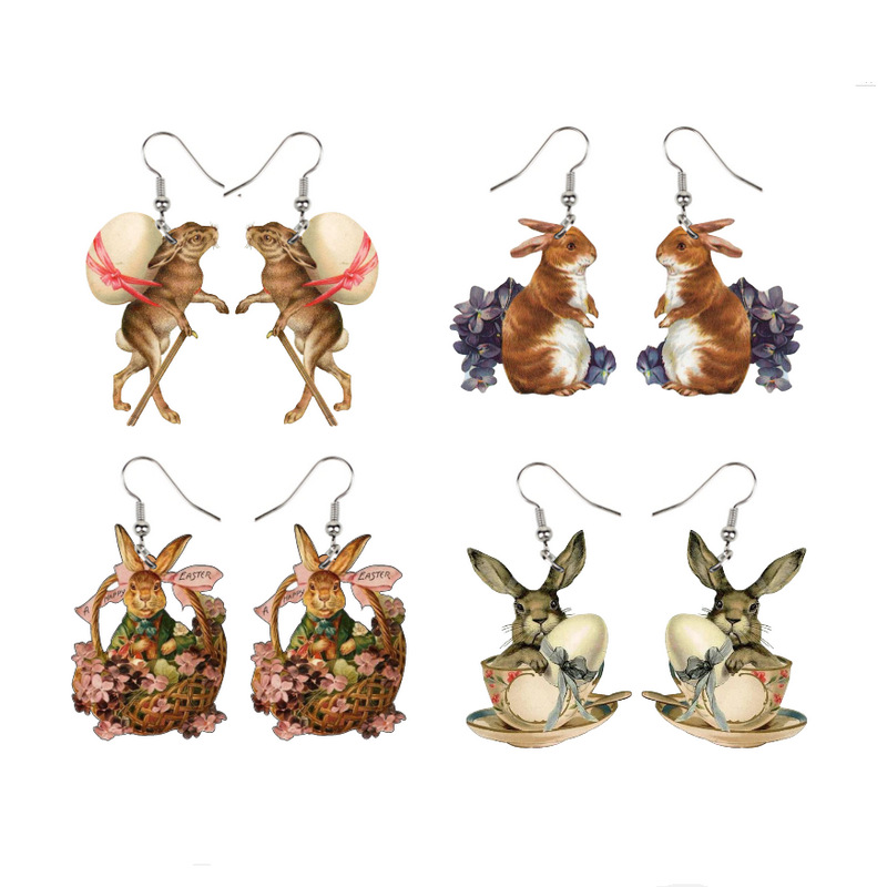 Easter wooden retro chick rabbit menu earrings_voghion.com