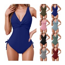2025新款欧美连体纯色交叉加肥码外贸连体泳装女士连体游泳衣