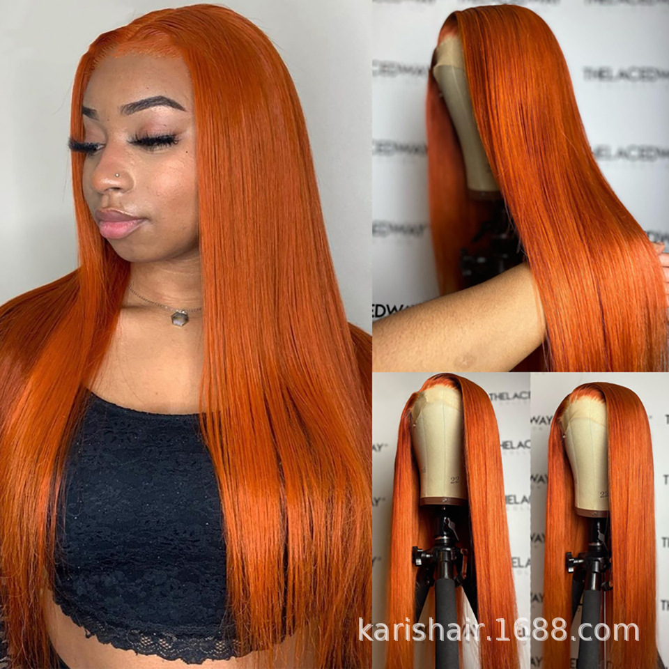 Peluca de jengibre cabello humano real cabello humano recto cabello humano real Peluca de encaje 350 naranja