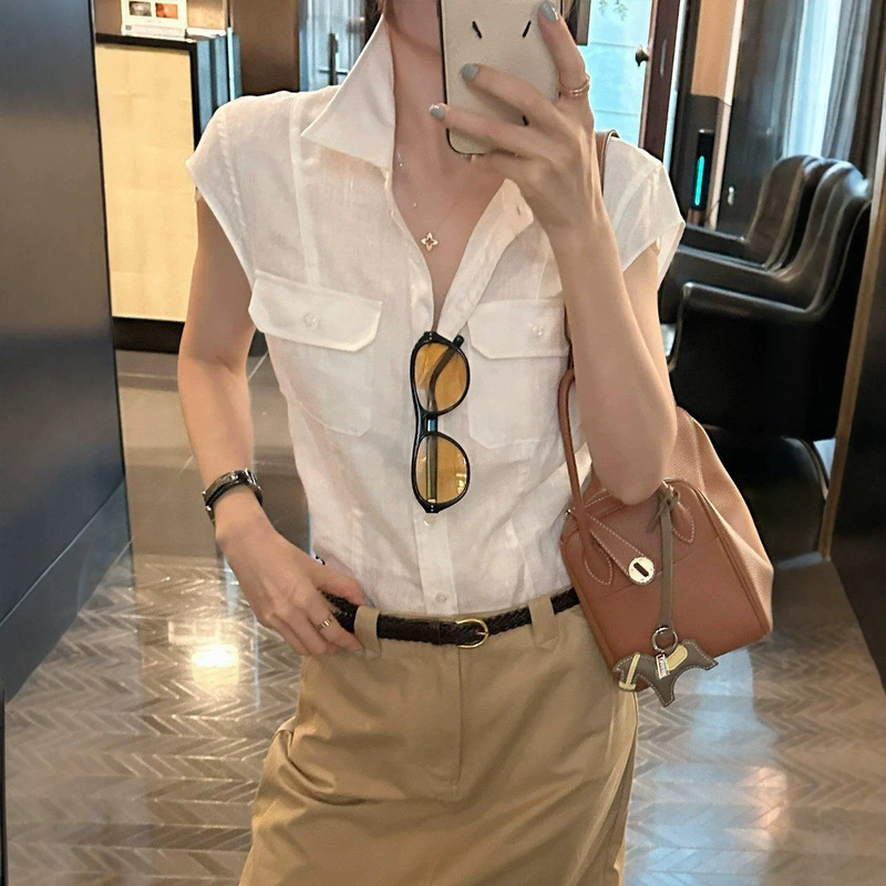 Old Money Style White Linen Short-Sleeve Shirt with Collar for Women, Summer Light Luxury Unique Beautiful French Chic Top