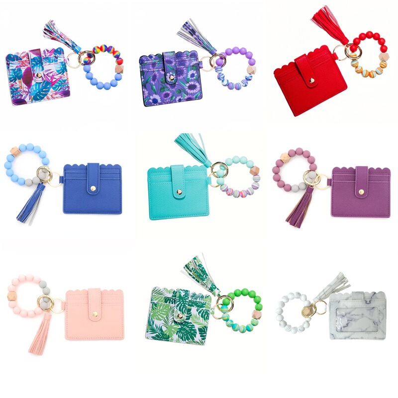 Cross-Border Hot-Selling Food-Grade Silicone Beads Beaded Bracelet Pu Card Holder Keychain Printed Women's Wrist Wallet