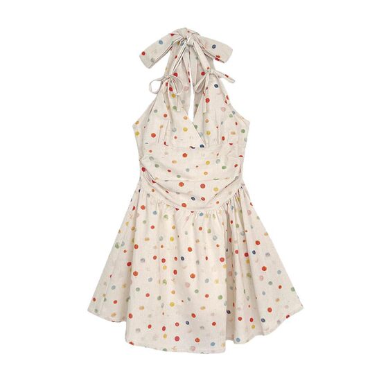 Retro Elegant Waist Hanging Neck Sling dress Small Color Polo Dot Design Sense Slimming Dating Skirt Trendy