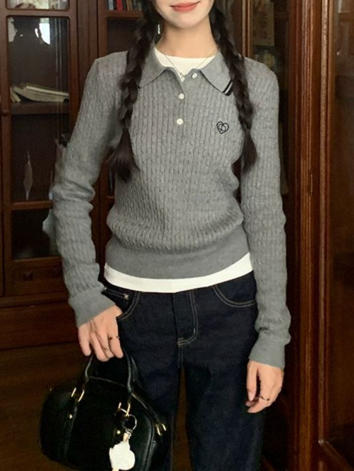 cozydas学院麻花刺绣polo针织衫女秋冬长袖毛衣秋新软糯套头上衣|undefined