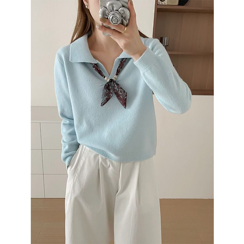Academy-Style Collared Knit Pullover Sweater for Women, New Autumn and Winter Style, Paired with a Silk Scarf, Age-Reducing Top, Outerwear, and Inner Wear for Women Academy-Style Collared Knit Pullover Sweater for Women, New Autumn and Winter Style, Paired with a Silk Scarf, Age-Reducing Top, Outerwear, and Inner Wear for Women
