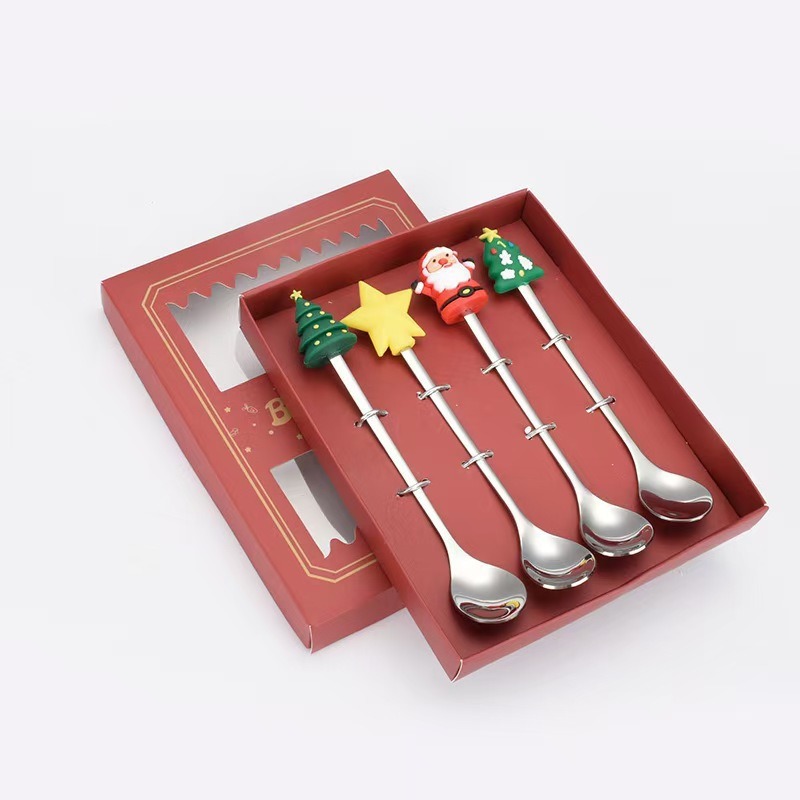 Cucharas de acero inoxidable transfronterizas muñecas de Papá Noel cubiertos cajas de regalo caseras de café mezclador cucharas de postre horquilla de frutas