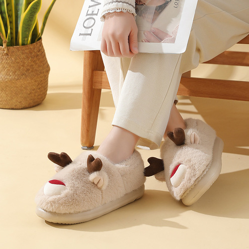 Elk cotton shoes autumn and winter home indoor anti-slip warm cartoon children parent-child cotton shoes Christmas couple bags and heels cotton shoes