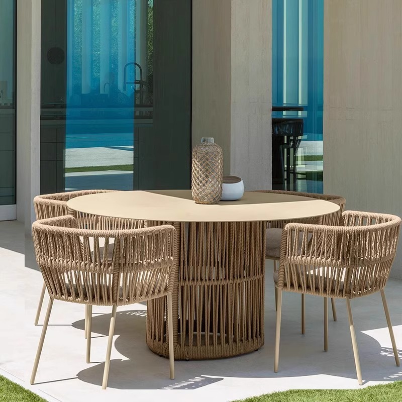 Mesas y sillas de ocio al aire libre Jardín tejido de cuerda Balcón Patio Villa Terraza al aire libre Impermeable Protector solar Silla de ratán nórdico Muebles