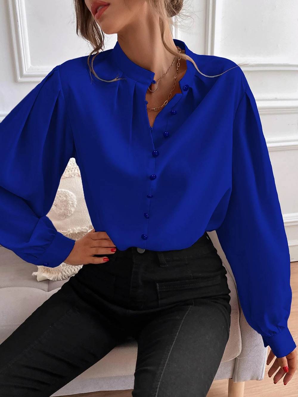 En stock transfronteriza europea y americana 2023 Amazon camisa de las mujeres populares semi-abierto cuello de color sólido suelta de manga larga elegante image 9