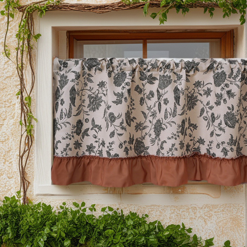 American Retro Floral Coffee Curtain with Ruffles, No-Punch Fabric Half Curtain for Bathroom Door, Short Curtain