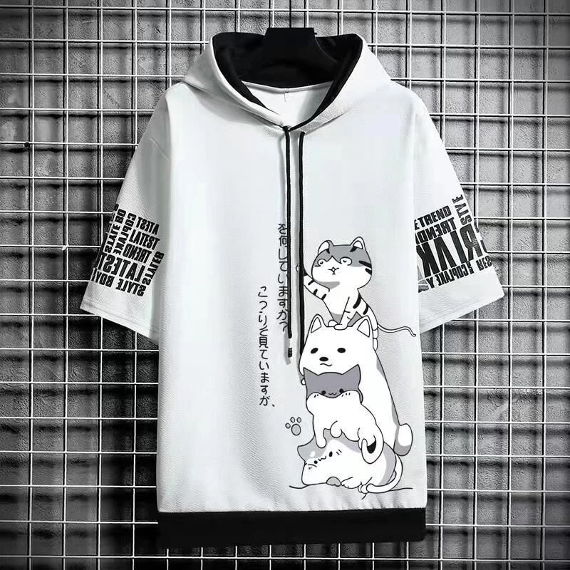2022 verano transfronterizo nuevos hombres Sudadera con capucha media manga suéter manga corta color sólido camiseta suelta tendencia deportiva ins