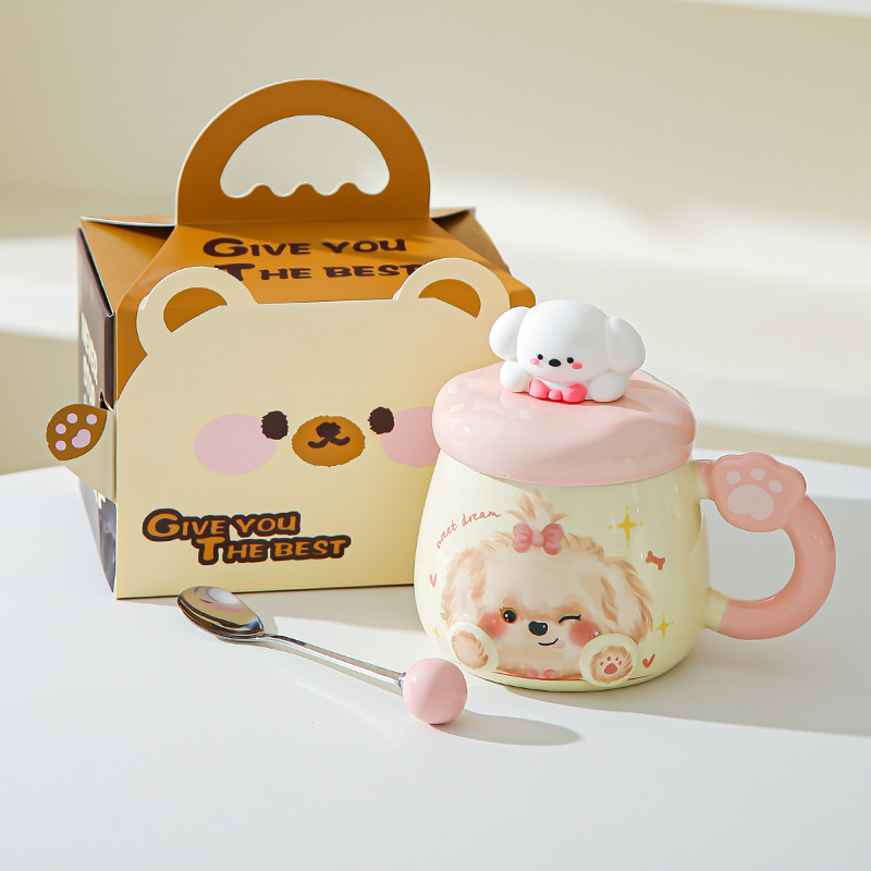 Taza de cerámica de alto valor nominal ins para cachorros con tapa para casa encantadora pareja taza de café para desayuno para acompañantes taza de regalo