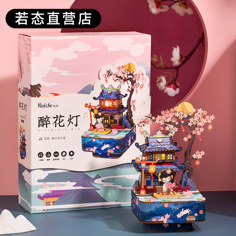 Ruolai caja de música antigua 3D 3D DIY de madera montado caja de música 3D rompecabezas DIY caja de música hecha a mano