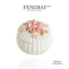 丰白陶瓷手捏花饰品盒粉色玫瑰收纳盒戒指项链耳环桌面梳妆台摆件