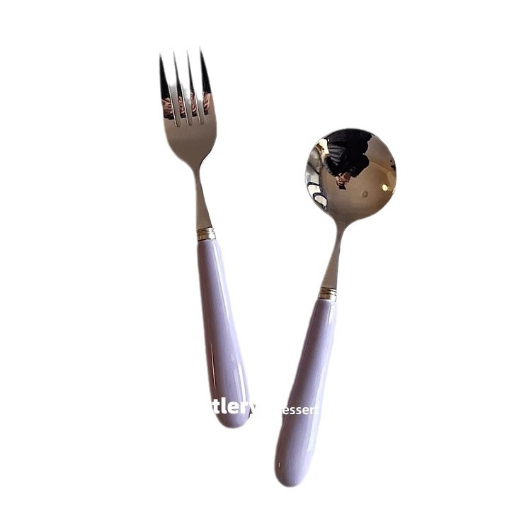 韓国式サトイモ紫デザートスプーンサラダフォーク長柄家庭用食器セットステンレスネット赤フォークスプーンスプーン|undefined