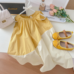 Korean children's clothing 2024 Spring New Girls' Stylish Fashion Splicing Sleeveless Dress Baby Girl Tank Dress Trendy