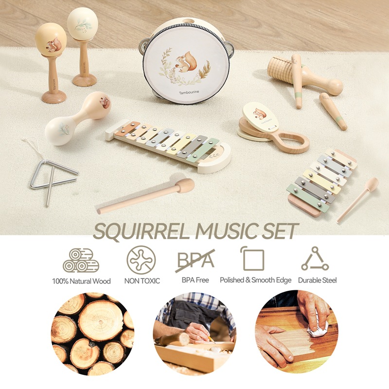 Juego de instrumentos musicales de madera de Amazon Orff, educación temprana para bebés, tocar el piano, tocar el tambor, martillo de arena, sonajero, juguete musical