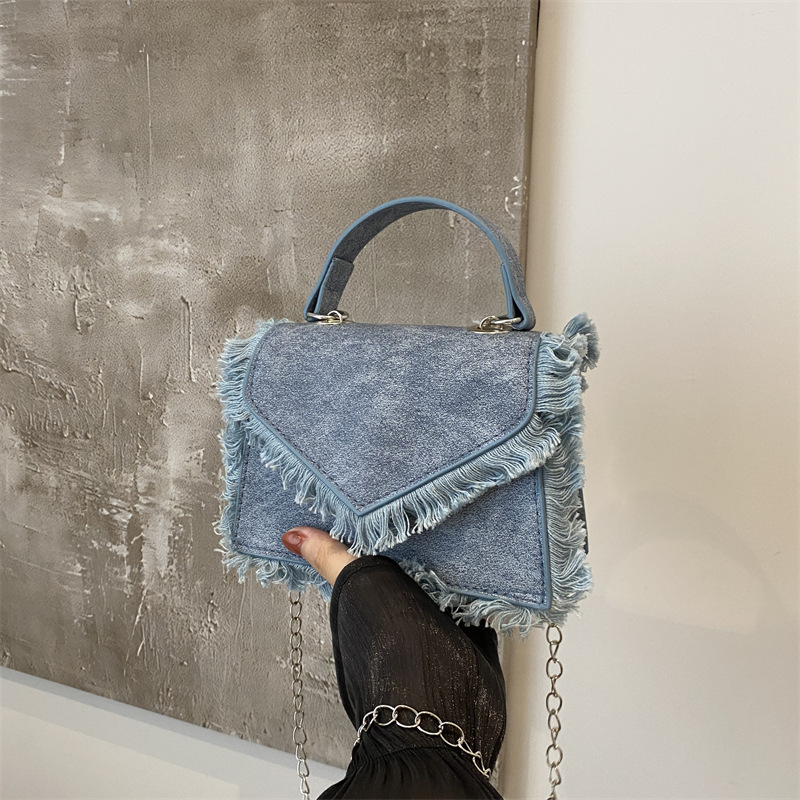 2024 nuevo estilo extranjero bolso retro denim bordes bordes bordados bolso cuadrado simple personalidad mochila de hombro