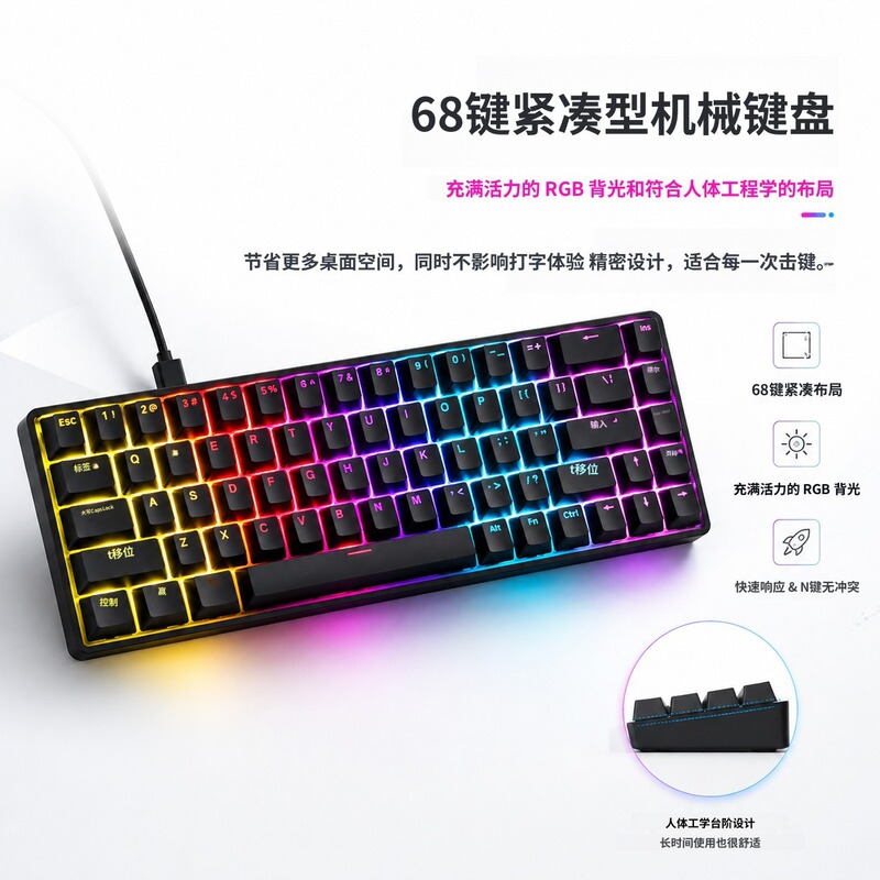 Red Axis True Mechanical Keyboard, Portable, Detachable Cable, Colorful Mixed Lighting, Gaming, Office, Silent Axis, 68-Key Layout Red Axis True Mechanical Keyboard, Portable, Detachable Cable, Colorful Mixed Lighting, Gaming, Office, Silent Axis, 68-Key Layout
