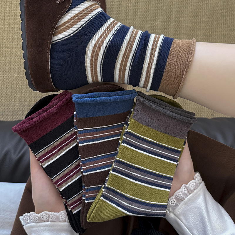 women‘s socks retro hong kong style striped pure cotton mid-calf length socks ins trendy autumn and winter boneless curling color matching bunching socks women