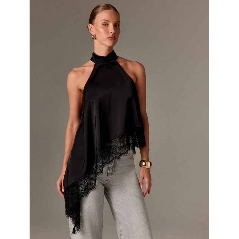 European and American High-End Lace Satin Vest for Women, Cross-Border Design, Asymmetrical Patchwork Halter Neck Off-Shoulder Gown Top